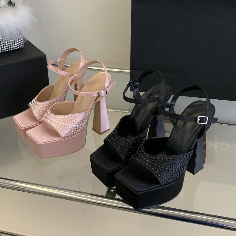 Pesstwei Sexy Platform Ultra High Heels Sandals Women Thick Heels Pearl Exposed Toes Buckle Strap Banquet Party Ladies Shoes