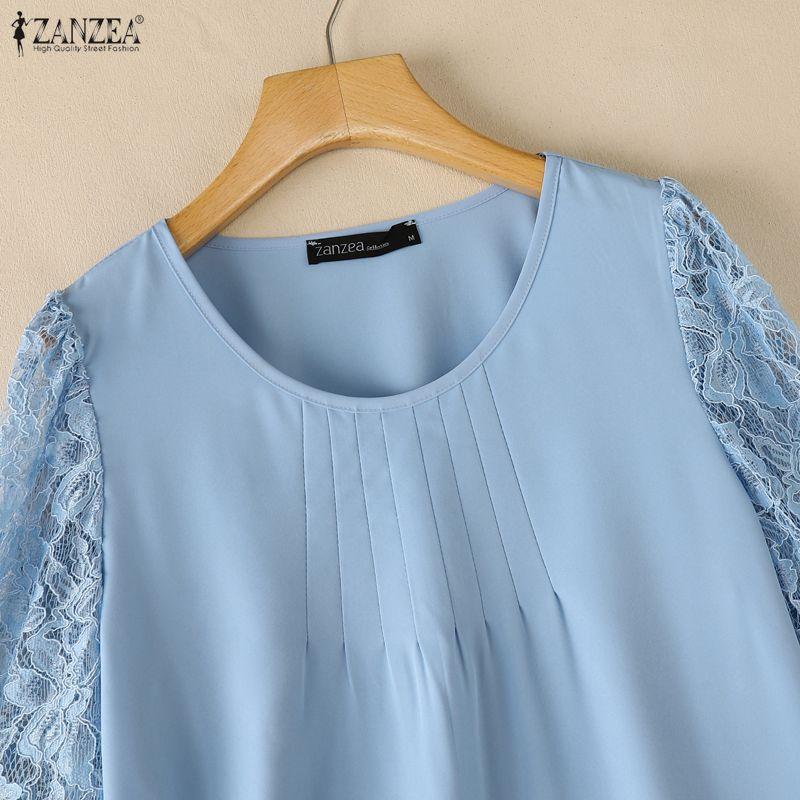 ZANZEA Women Casual Round Neck Loose Lace Splice 3/4 Sleeve Blouse