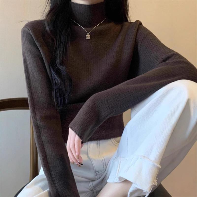 Pullover Autumn and Winter Sweater Women's Fleece Thickened Integrated Fleece with Semi-turtleneck Pullover Bottoming Knitted Sweater Thermal Top