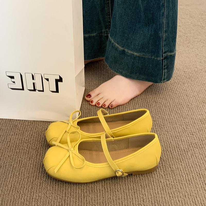

Туфли Мэри Джейн женская обувь 2025 новая летняя французские балетки на плоской подошве с неглубоким вырезом и бантом, одинарные туфли под юбку 40 жёлтый