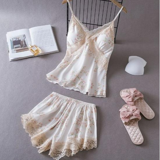 Summer Lace Camisole Nightgown with Removable Pads - Women's Sexy Ice Silk Pajamas