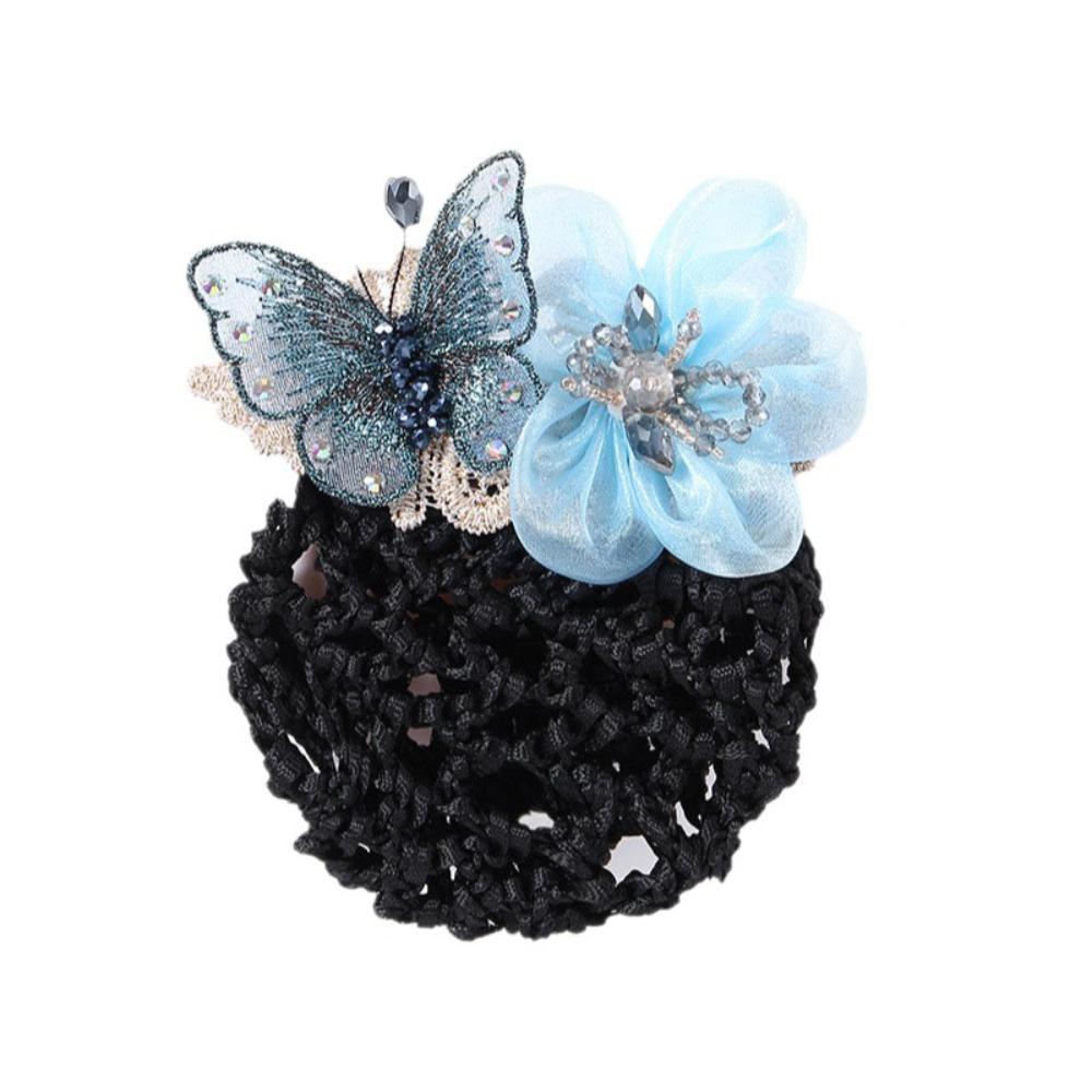 Butterfly Flower Elastic Hair Net Rhinestone Beads Decor Hair Bun Holder  Hotel Staff Uniform