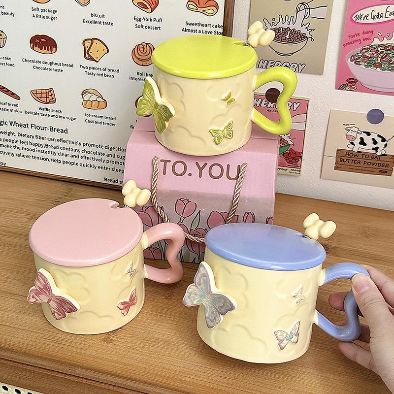 Cup Girls High-value Butterfly Mug with Lid Spoon Ceramic Cup Souvenir Birthday Gift Drinking Cup Household