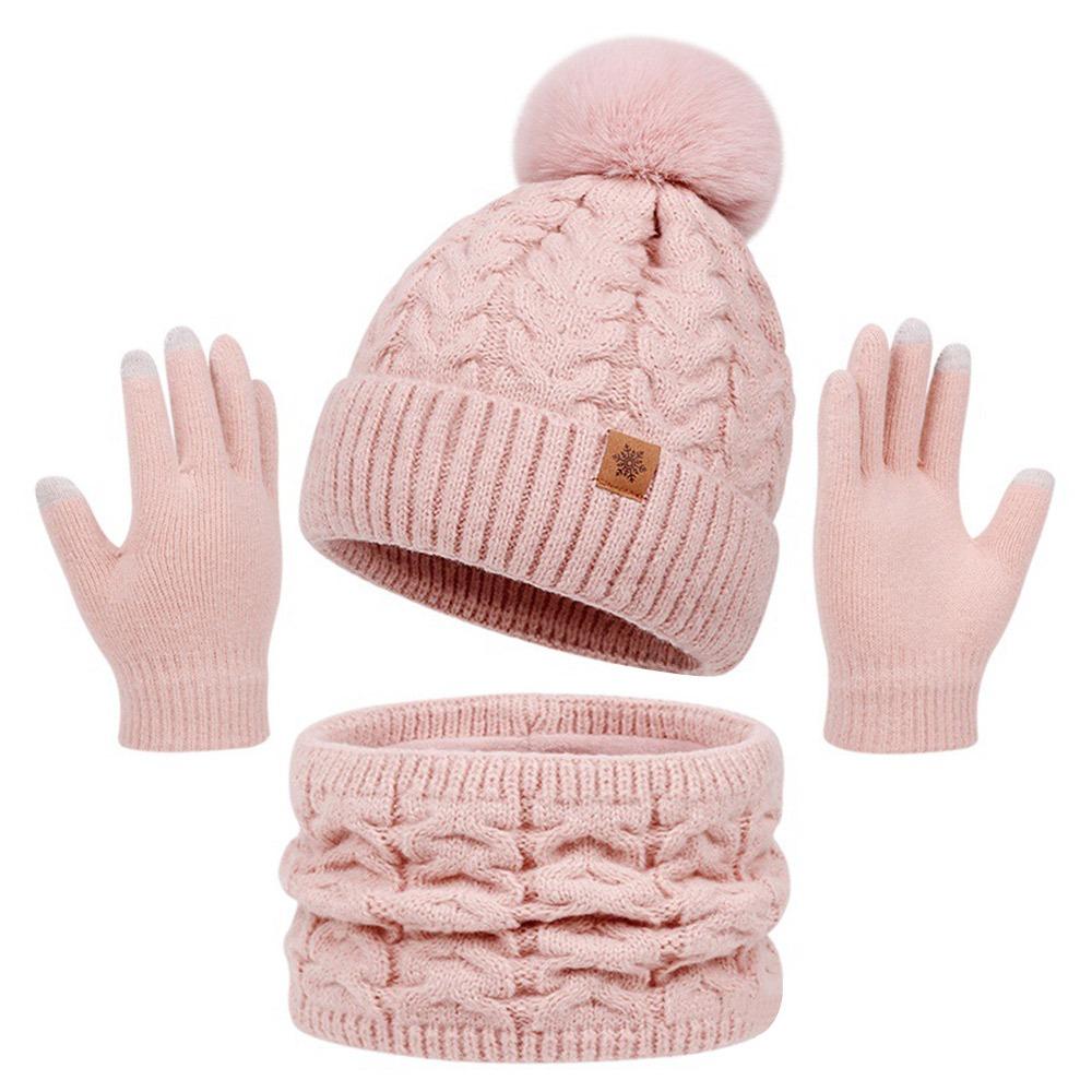 3Pcs/Set Fashion Warm Winter Hat Scarf Gloves Touchscreen Scarf Gloves Set Windproof Soft Scarf Cap Outdoor розовый