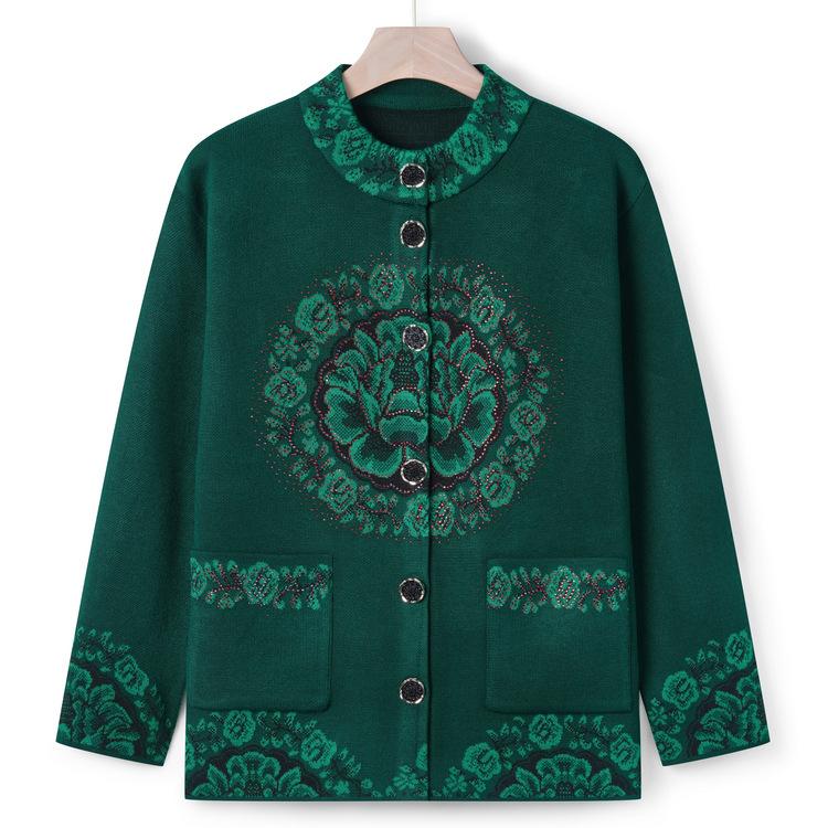 Middle-aged and Elderly Women's Sweater Autumn and Winter Sweater Jacket Grandma's Cardigan Top Mother's New Style Collar Flower Tang Suit