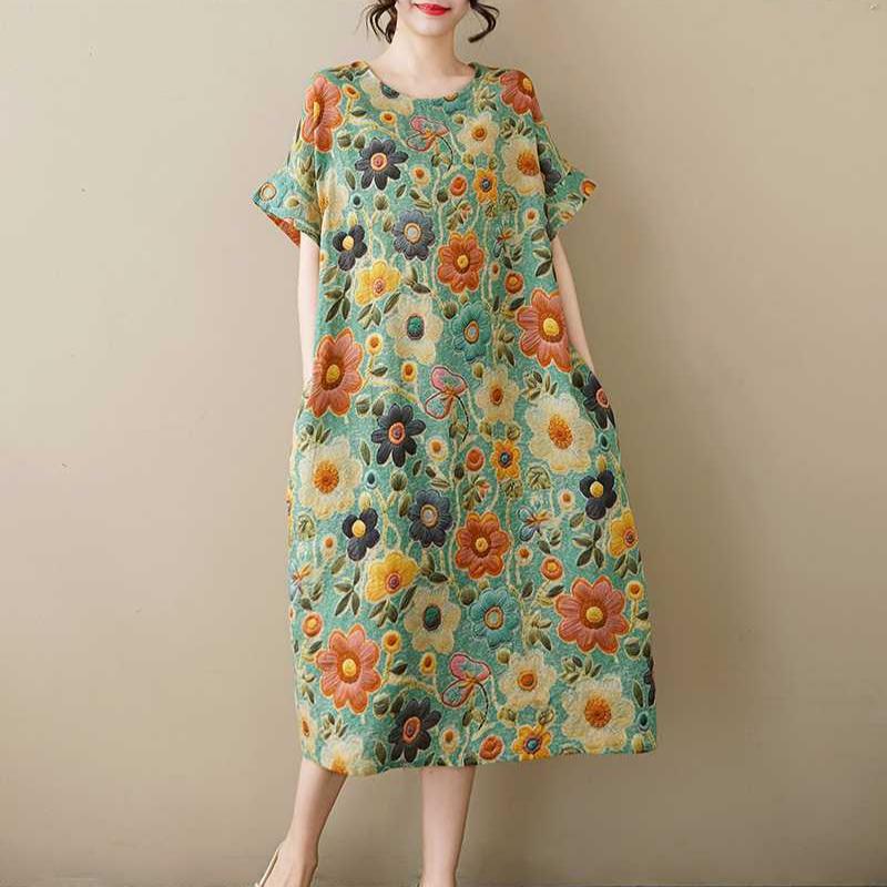 Summer Thin Cotton and Linen Retro Mid Length Dress with Feminine Temperament