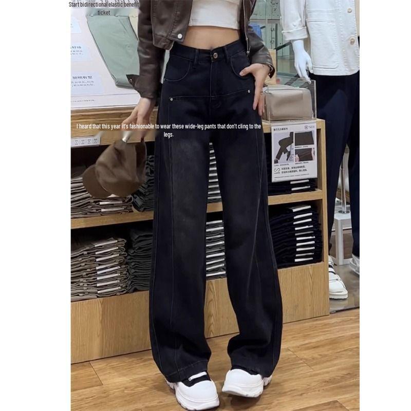 Damen Jeans mit weitem Bein, schwarz, fleecegefüttert, Winter, bodenlang, Übergröße, High-Waist für Birnenformen