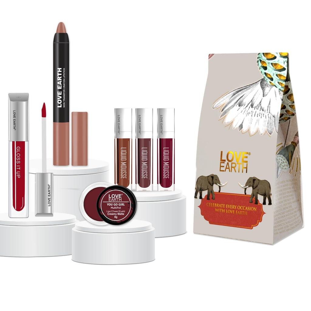 Love Earth Festive Lip Combo - Set of 3 Deep Shades | Lip Tint, Gloss, Crayon & Mousse Lipstick | Long-Lasting, Natural Finish, Premium Makeup Gi