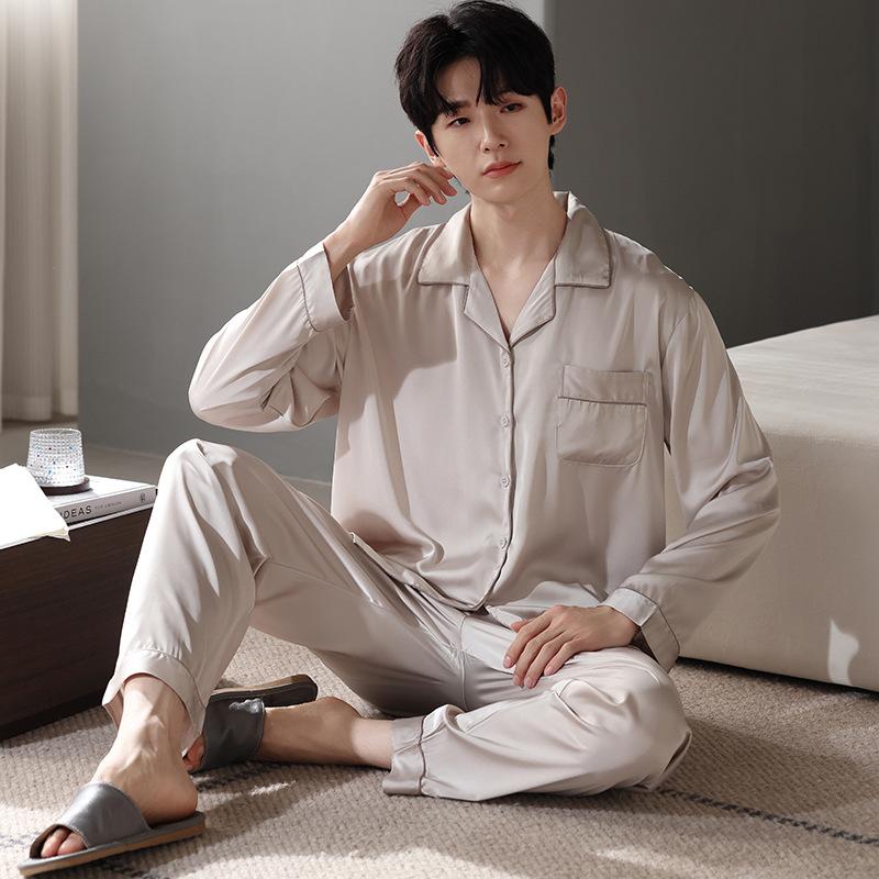 Pajamas Men'S Spring And Autumn Ice Silk Long Sleeve Thin Summer Simulation Silk Four Seasons Loungewear Suit