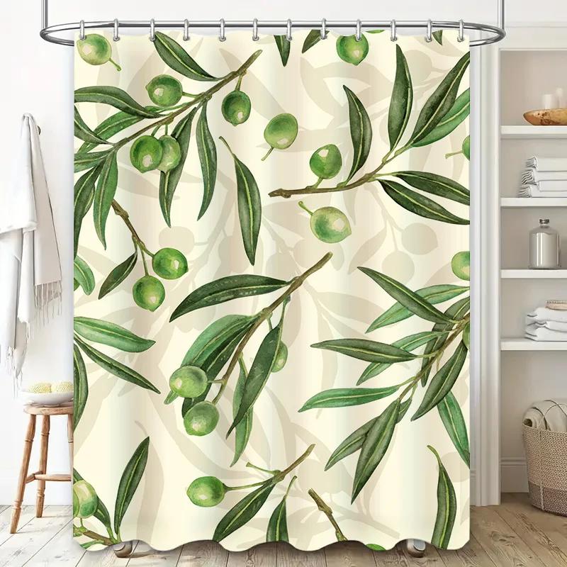 Olive Branches Shower Curtain Natural Green Fruit Pattern, Waterproof Fabric Decor For Bathroom Tiles Backdrop In Bathrooms Kitc