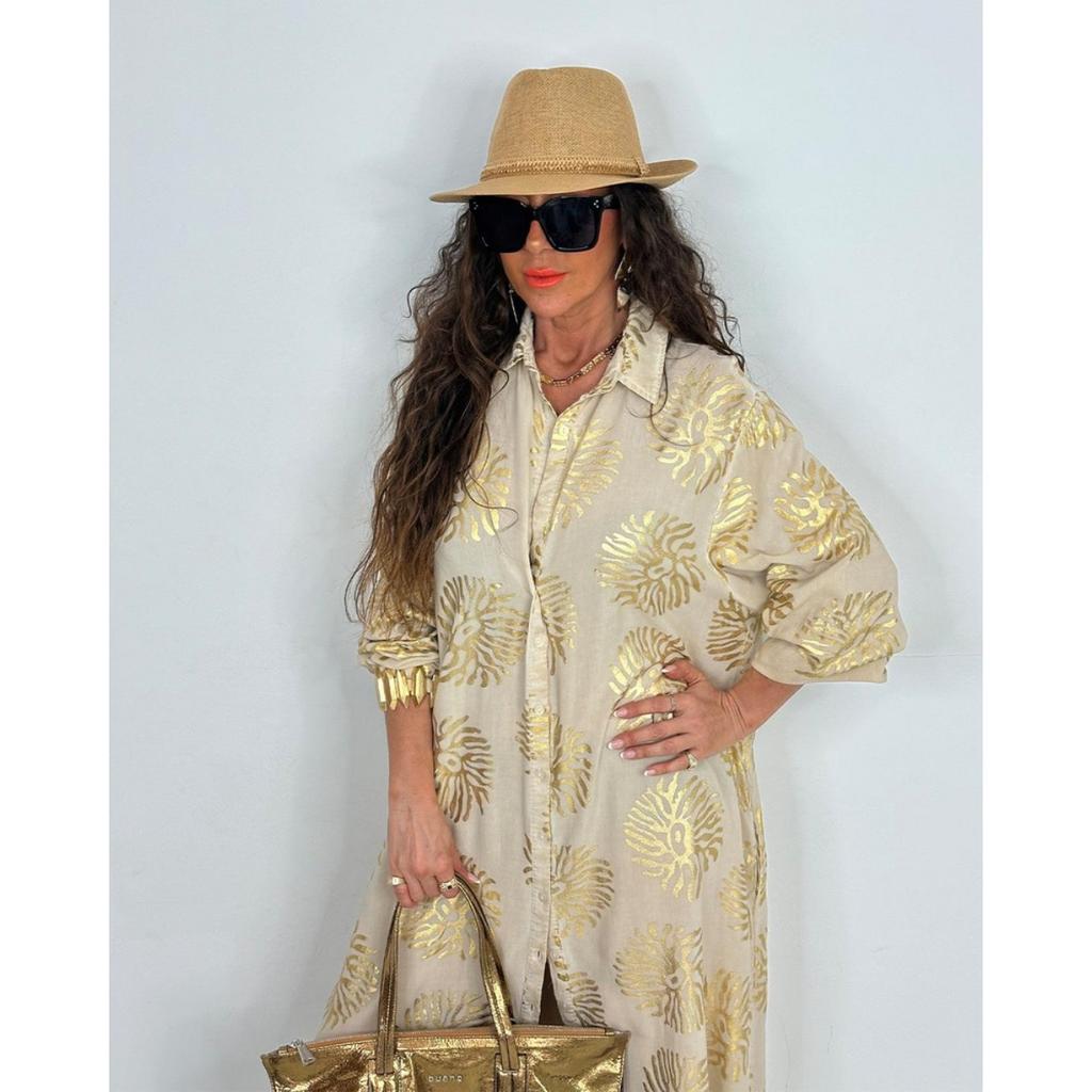 Women's Lapel Printed Gold Stamping Loose Casual Long Sleeve Plus Size Dress, Cross-border New Arrival