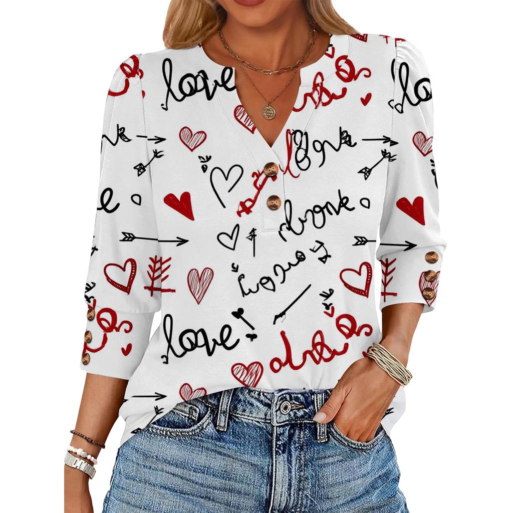 Women's Loose 7-inch Sleeve Top with Heart Print