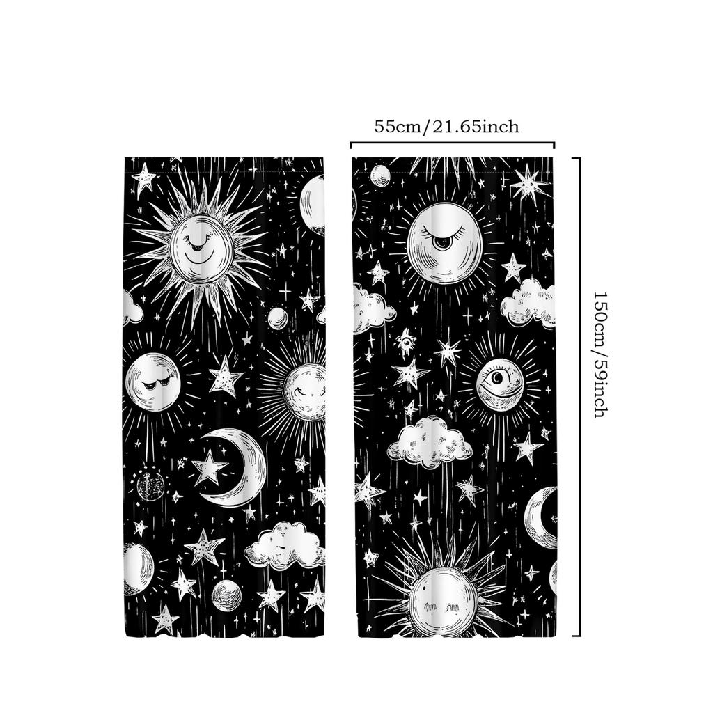2pcs Classic Mystic Witch Polyester Curtains   Boho Sun Moon Star Mandala Print   Black and White Bedroom Decorative Drapes   for H