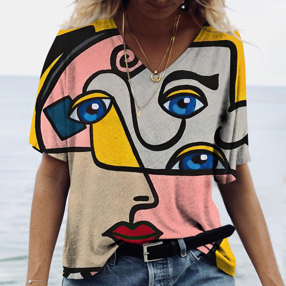 Camiseta feminina arte abstrata rosto impressão meninas roupas 3d oversized clássico manga curta topos moda feminina casual streetwear