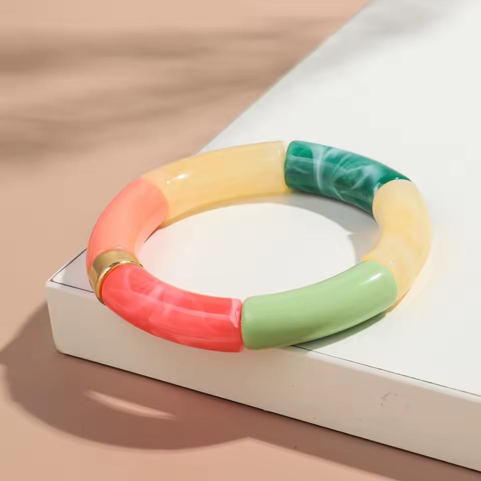 

Retro Chunky Bamboo Curved Tube Acrylic Bracelets for Women New Trendy Resin Beaded Stretchy Stack Bangle Couple Jewelry Gifts