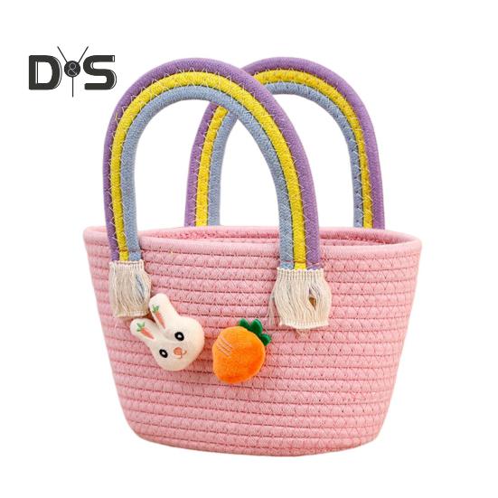 

Пасхальная плетеная корзина с ручкой, хлопковая плетеная корзина для яиц с кроликом и морковкой, пустой пасхальный мешок для угощений, подарков и конфет розовый