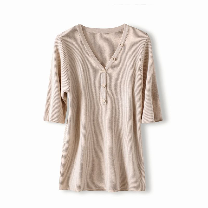 

Классная трикотажная базовая рубашка с V-образным вырезом и рукавами до локтя, черная Light khaki ~ middle sleeve 2XL