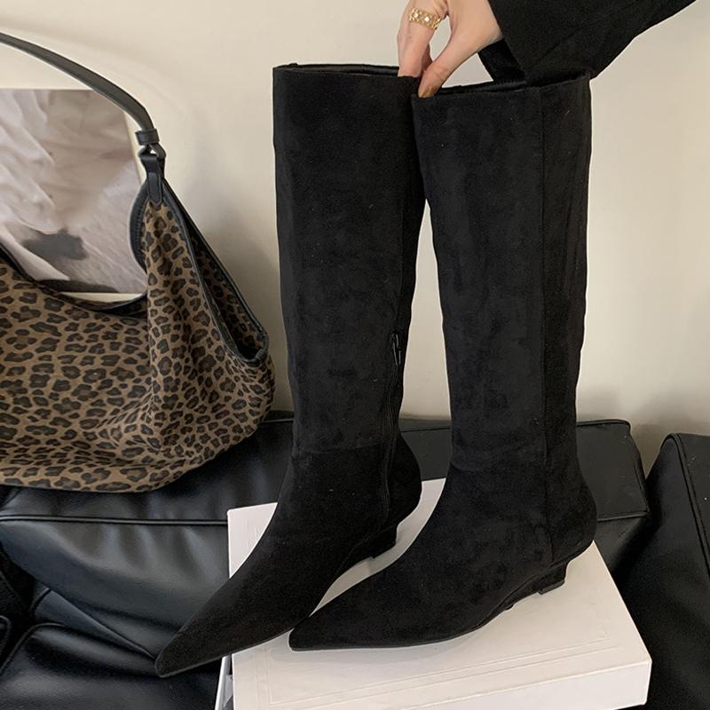 Mode Liyke Designer Frau Niedrige Keilabsätze Mode Stiefel Vintage Spitzschuh Kniehoch Schuhe Damen Party Tanz Lange Stiefeletten Größe 40