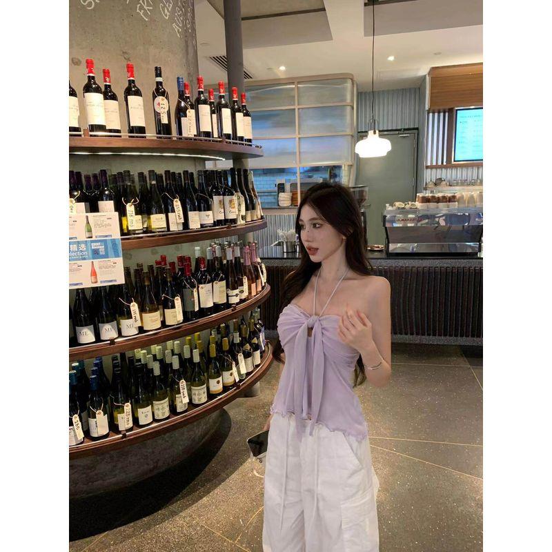 Summer Bow-Tie Strap Sexy Tube Top Hot Girl Off-Shoulder Top French Style Pure Desire Halter Neck Camisole for Women