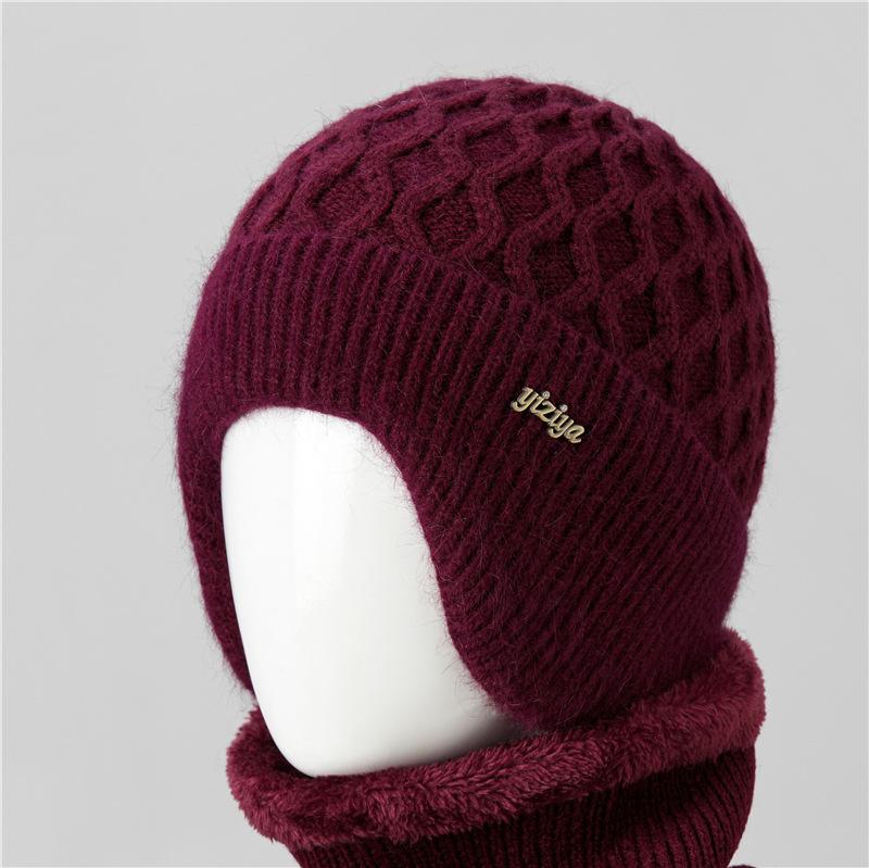 Ji Middle-Aged And Elderly Women'S Basin Hat Grandma Knitted Wool Hat Old Man Hat Rabbit Fur Flower Mother Hat Scarf