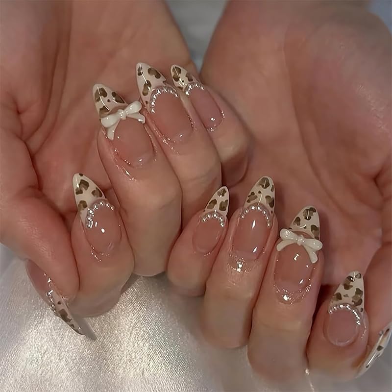 24Pcs Leopard Print French Tip Press On Nails Medium Almond Fake Nails Bow Glue On Nail 3D Pearl Gems Cute False Nails French Stick On Nail Bow