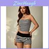 Street Style Black White Striped Shorts Set With Polyester Fabric For Summer Women