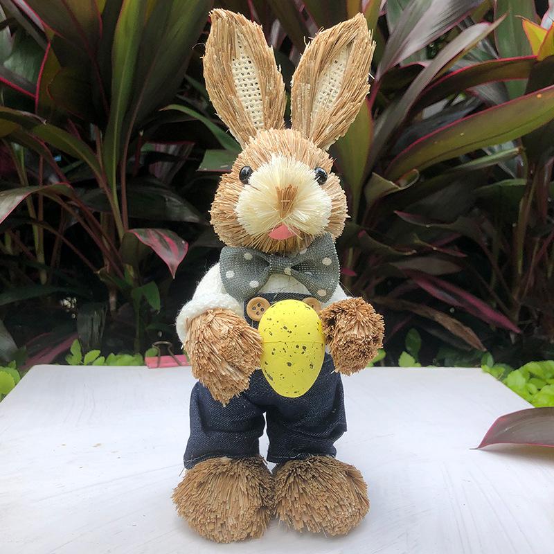Easter Rabbit Decoration Straw Rabbit Ornament Creative Artificial Bunny Figure 25cm Home Holiday Cute with Flower Wreath