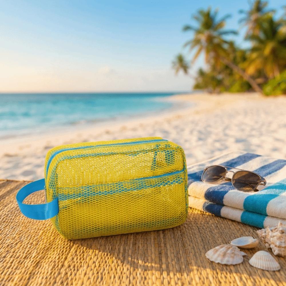 Large Capacity Mesh Cosmetic Bag Zipper Closure Toiletry Bag Dopamine Beach Clutch  Travel