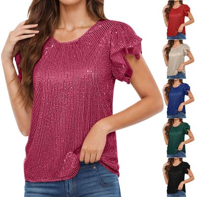 Damenmode, einfarbig, Rundhalsausschnitt, Rüschenärmel, Pailletten, lässige Bluse