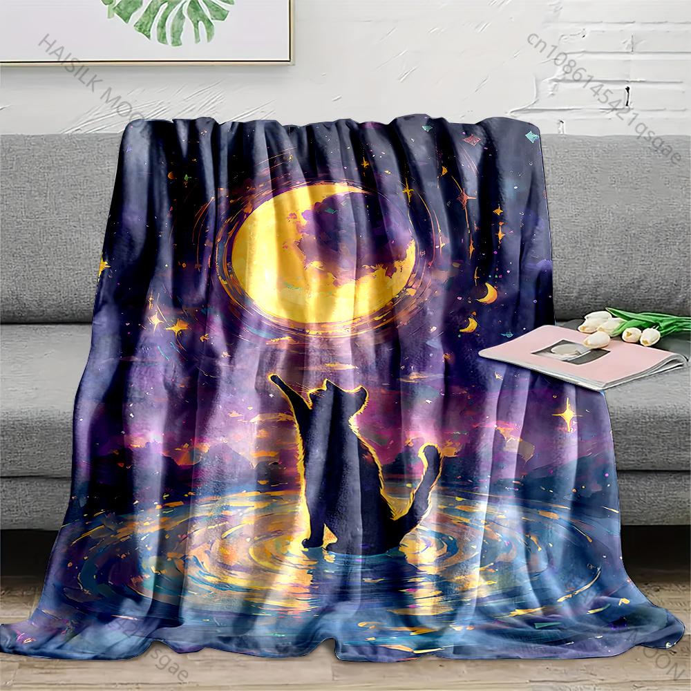 Cat reaches moon reflection Print Adult Children Warm Blankets Home Travel Car Soft and Comfortable Suitable for all seasons