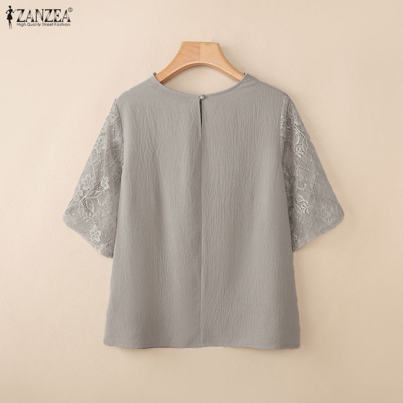 ZANZEA Women Casual Round Neck Lace Splice Half Sleeve Blouse
