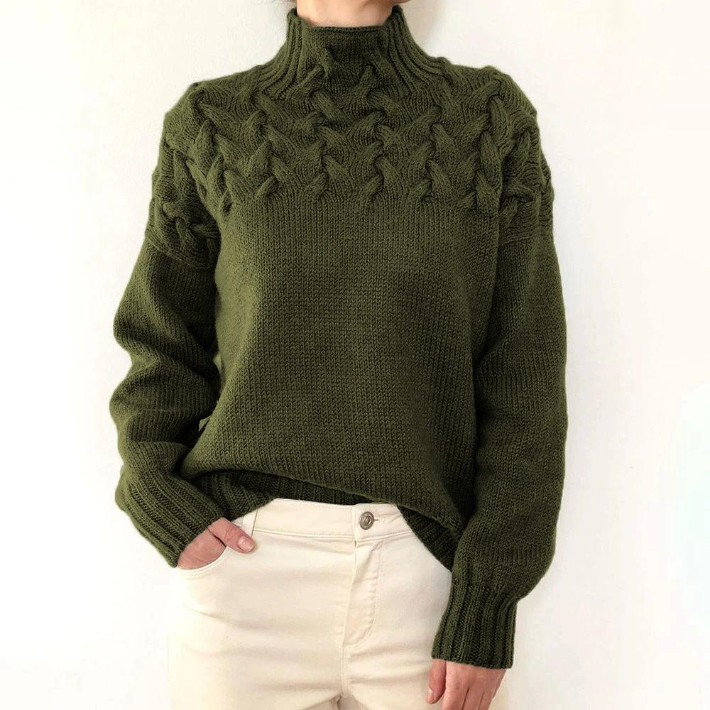Women's Fashion Cable Weaving Details High Collar Long Sleeve Sweater for Women