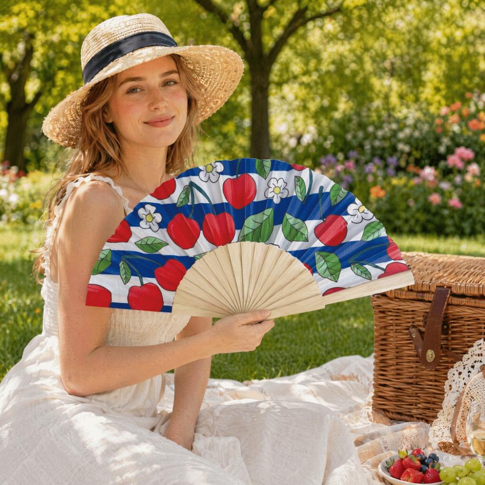 Wooden Handle Folding Hand Fan Lemon Print Hand Cranked Fan Lightweight Handheld Fan  Photography
