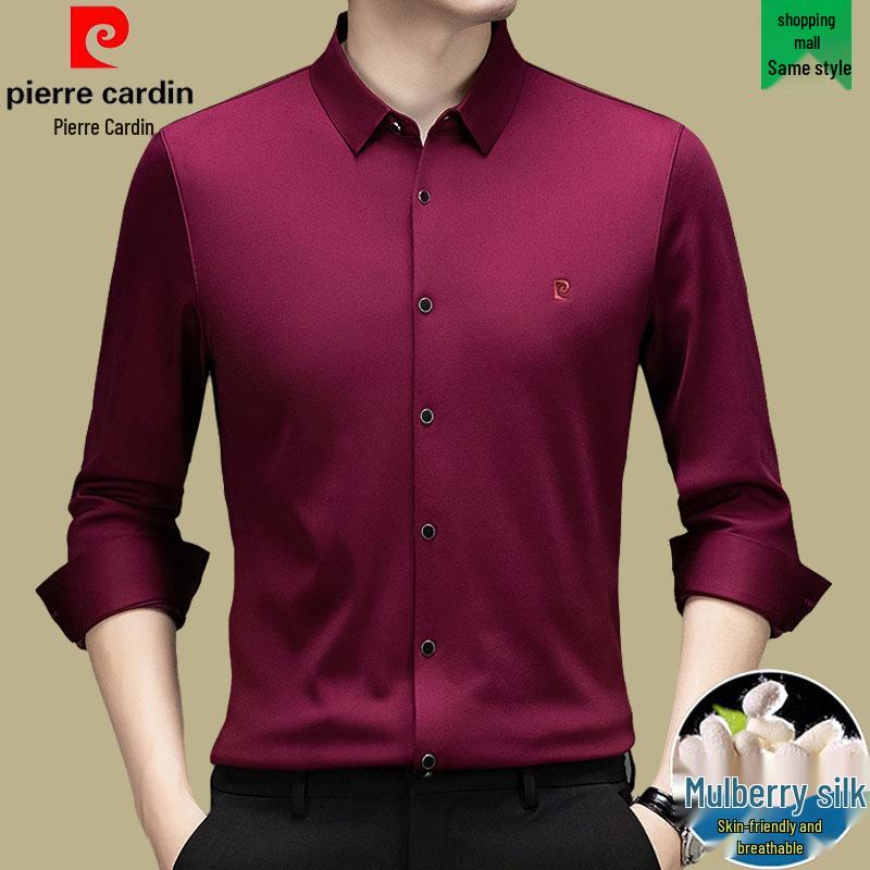 Pierre Cardin Men's Long Sleeve Mulberry Silk Shirt - Iron-Free, Plus Velvet, High-End Business Casual for Autumn/Winter