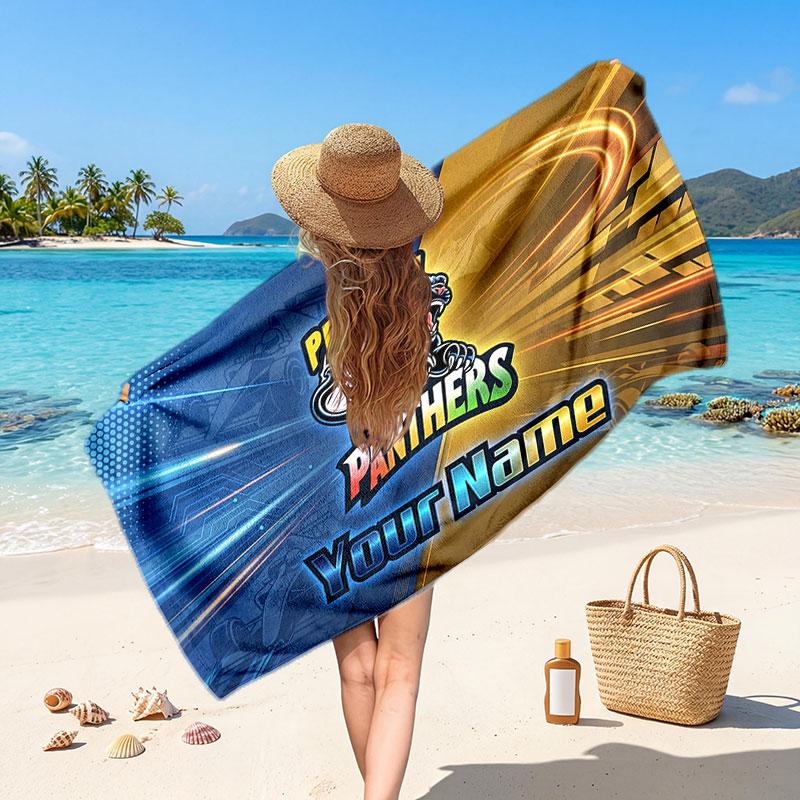 Penrith Panthers Customized Name Text Beach Towel, Soft Absorbent Towel Beach Pool Travel Personal Gift