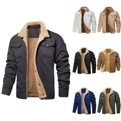 Winter Coat Fleece Cargo Jacket 4 Pockets Lapel Collar Trucker Cotton Work Men