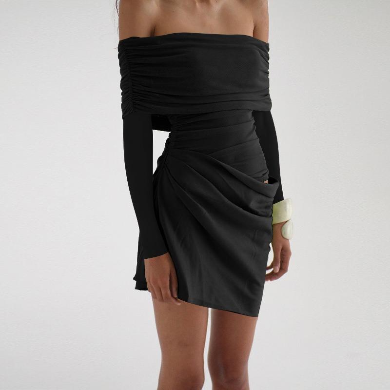 Fall Women's Dress Socialite Style One Line Shoulder Mesh Sexy Mini Short Dress