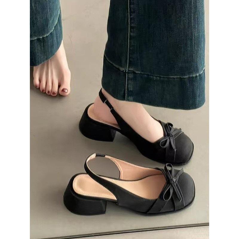 Bow thick-soled thick-heeled Mary Jane shoes women's new bag head rear empty sandals light-mouth single shoes