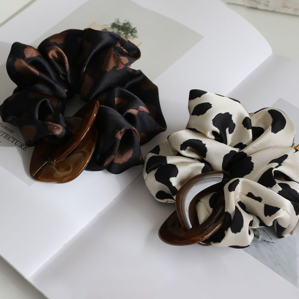 JewelVOX Scrunchie Hair Leopard Animal with Tortoiseshell Single Adult Size Women's Accessory, Print, Print, Charm, Wide, (White)