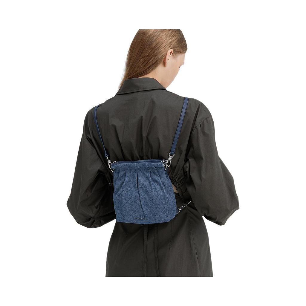 New CHARLES&KEITH PU, Textile Mixture Backpack Shoulder Bag Small Women's Dark Denim Blue CK2-60782390-1