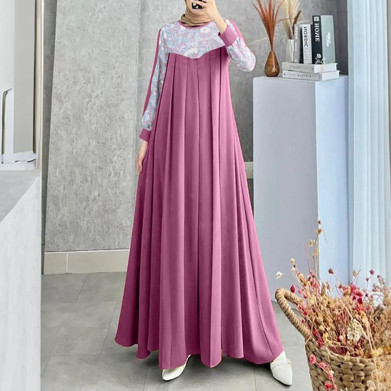 

ZANZEA Женское повседневное платье с круглым вырезом, длинными рукавами, свободного кроя, в стиле пэчворк, мусульманское L камео розовый