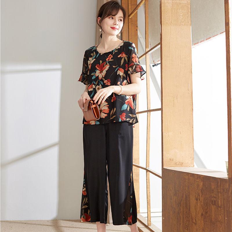 2 Pieces Women Sets Summer Style Top Short Sleeve Floral Shirt Seven Points Wide Leg Pants Women's Set Clothing