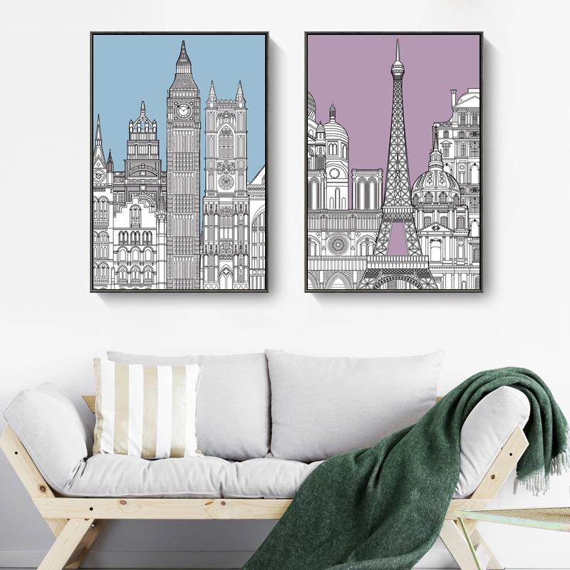 European Style Simple Decorative Canvas Painting Lines Cartoon Building Hotel Apartment Living Room Hanging Painting Wall Art