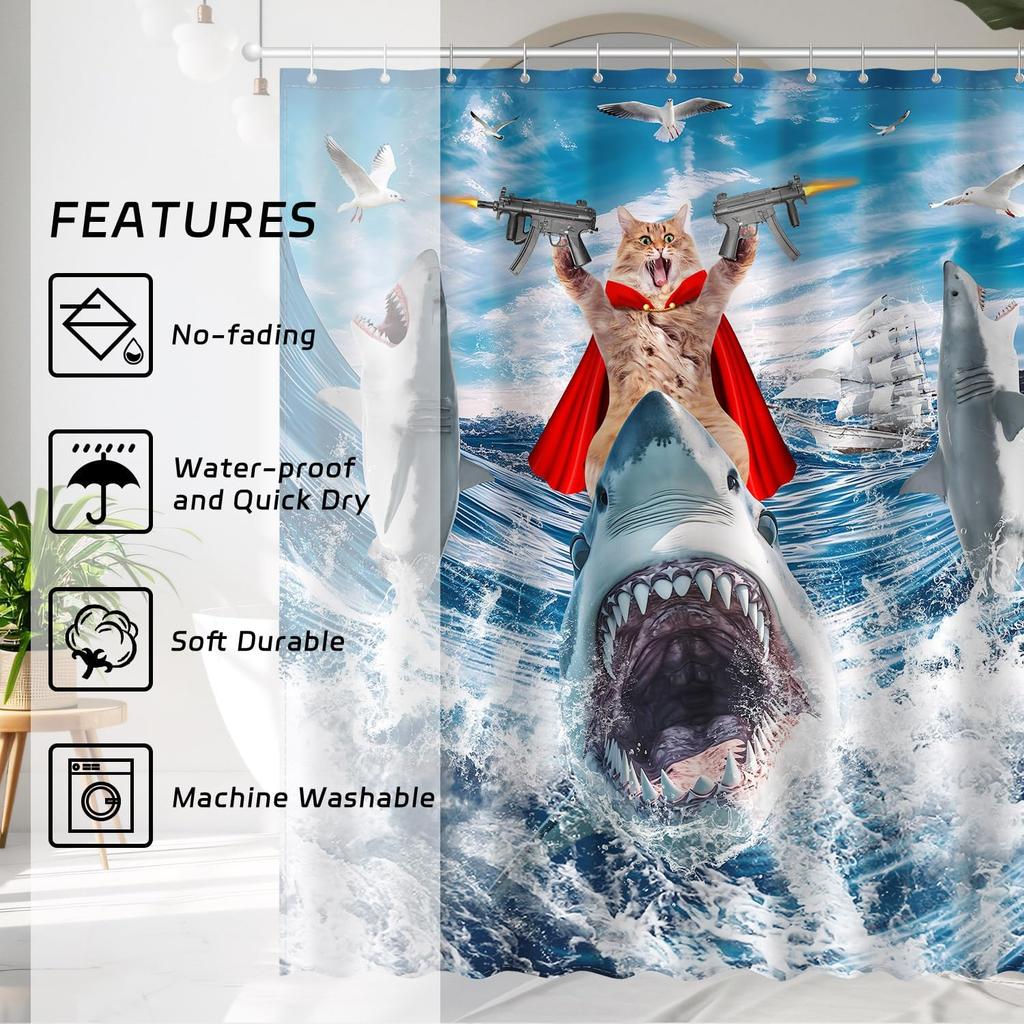 Funny Cat Riding Shark Shower Curtain Set, Kids Home Bathroom Decor Polyester Waterproof Fabric Bath Curtain with 12 Hooks