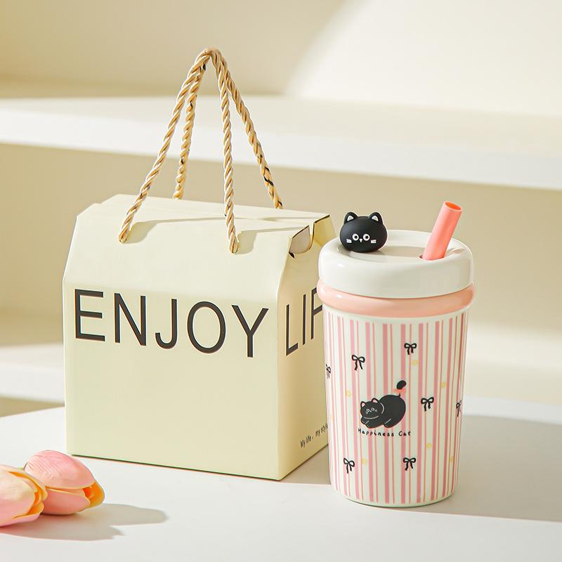 Girl's Heart Cute Pet Mug Cute Straw Ceramic Cup with Lid Spoon Girls Coffee Milk Cup Birthday Gift