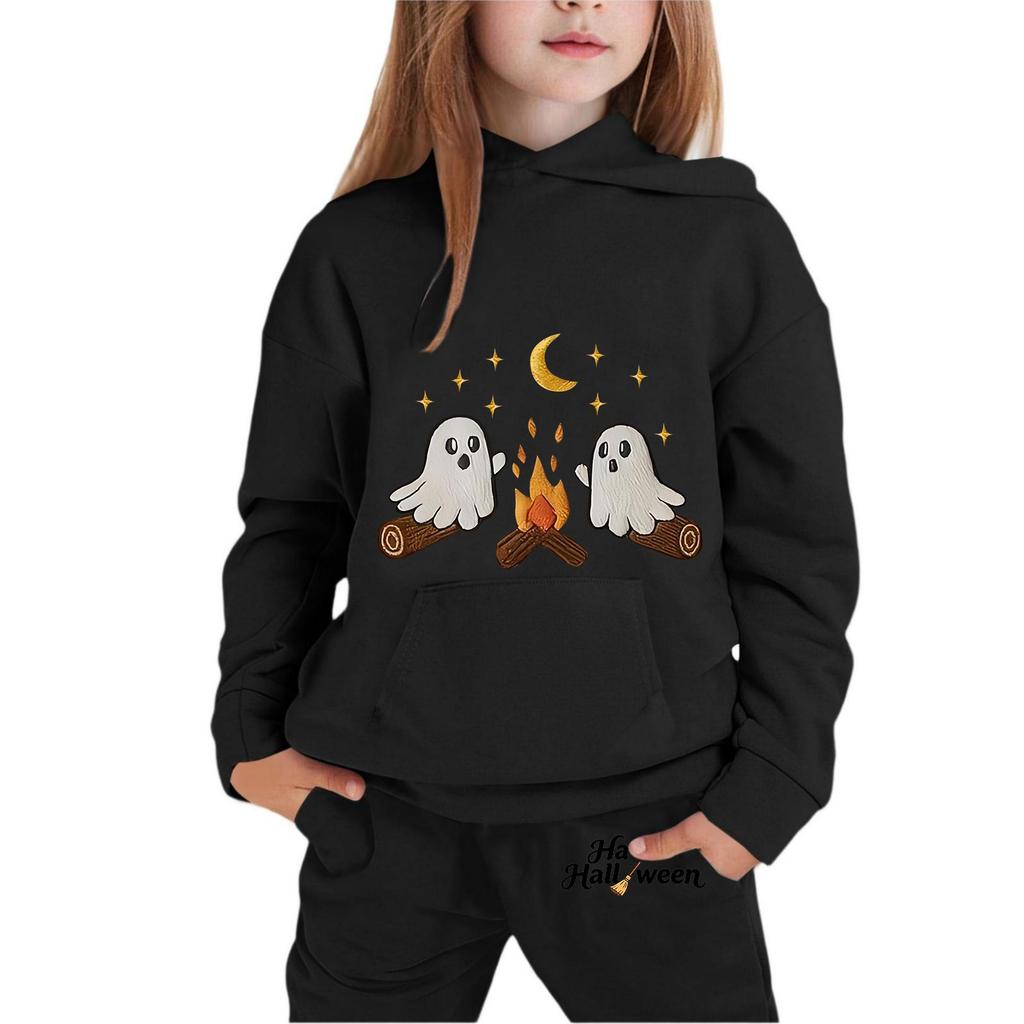 Kids Hoodie and Pants Set Halloween Print Pullover Sweatshirt with Hood Long Sleeve Top and Elastic Waist Bottoms for Children