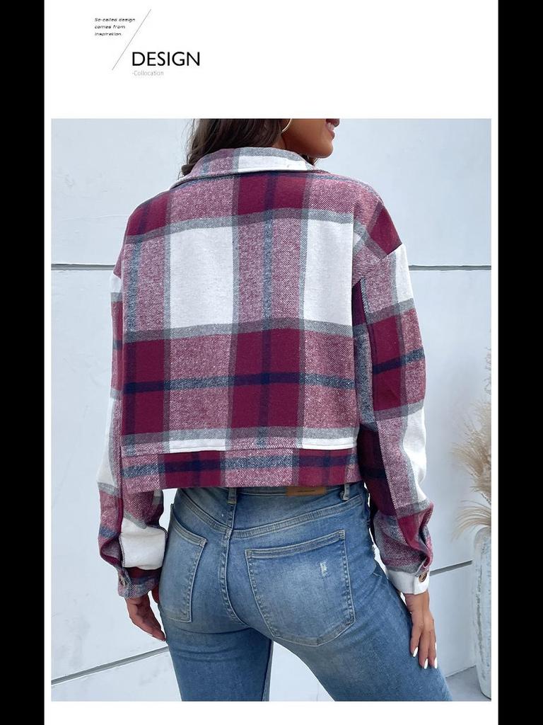 Jesienno-zimowa kurtka kardigan w kratę - Długi rękaw, styl europejski i amerykański