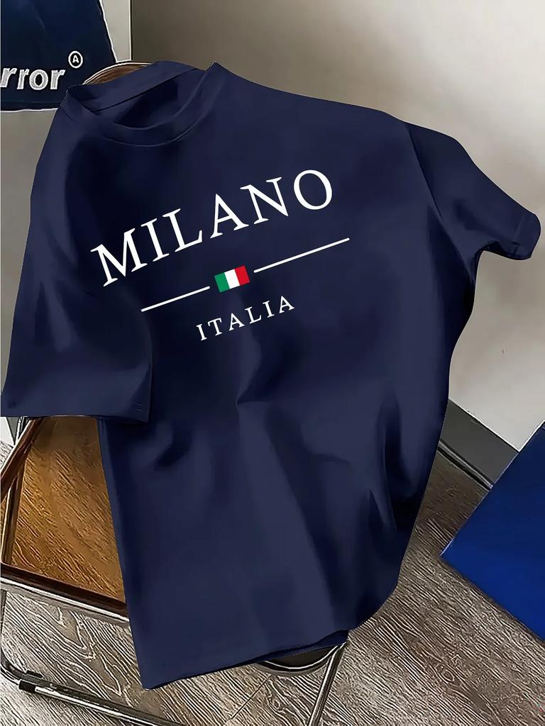 Summer Fashion Men's T-shirt 100% Pure Cotton Printed Casual Milan Italian Soft and Breathable Short-sleeved T-shirt for Men