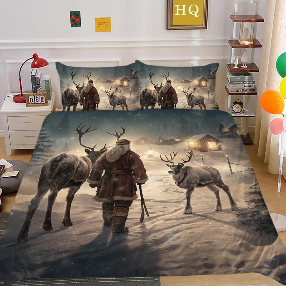 Jultomte Älg 3D-tryckt Polyester Örngott Täcke Två- eller Tredelat Set Tillgängligt