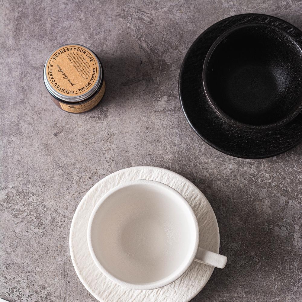 Rock Pattern Ceramic Latte Coffee Mug Delicate Afternoon Tea Cup Black and White Mug Set with Round Saucer